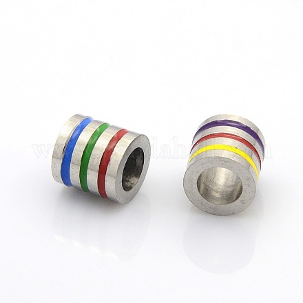 Nice Big Hole 304 Stainless Steel Enamel Column with Multi-Color Line Beads STAS-O041-01-1