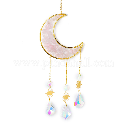 Décoration pendentif lune en copeaux de quartz rose naturel DJEW-PW0019-13B-1