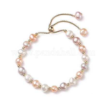 Braccialetto scorrevole con perline rotonde in perle naturali colorate e ottone BJEW-JB09008-02-1