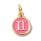 Real 18K Gold Plated Brass Enamel Charms, with Jump Ring, Long-Lasting Plated, Lead Free & Cadmium Free, Flat Round with Gemini Charms, Pearl Pink, 10x8x1mm, Hole: 4mm