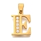 Ion Plating(IP) 304 Stainless Steel Rhinestone Pendants, Letter E, 17~19x10.5~18x2mm, Hole: 6.5x3.5mm