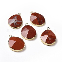 Natürliche rote Jaspis Anhänger, mit Messing-Zubehör, facettiert, Tropfen, golden, 31~35x20~25x7~9 mm, Bohrung: 2.5 mm