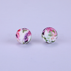 Cuentas focales de silicona redondas impresas con estampado de flores, rosa, 15x15mm, agujero: 2 mm