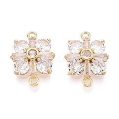 Ciondoli connettore in ottone con pavé di zirconi cubici trasparenti, link di fiori, placcato di lunga durata, oro, 14.5x20x4.5mm, Foro: 1.6 mm