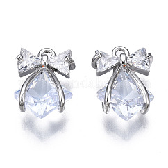 Pendentifs en zircone cubique incrustée de laiton, Sans cadmium & sans nickel & sans plomb, bowknot, platine, 15x10x4mm, Trou: 1.2mm