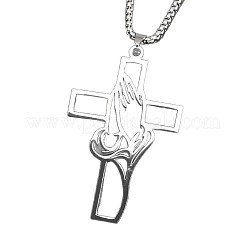 Halsketten mit Anhänger aus Edelstahl mit hohlem Kreuz und betender Hand für Männer&nbsp;FS-WG70CE0-01