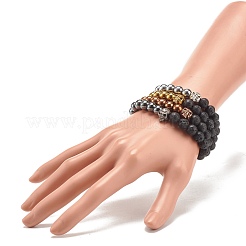 4 Uds. Juego de pulseras elásticas con cuentas redondas de hematita sintética y roca de lava natural de 4 colores&nbsp;BJEW-JB07886