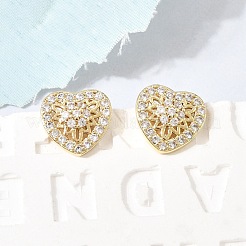 Boucles d'oreilles à tige en laiton avec micro pavé de zircons cubiques transparents en forme de cœur pour la Saint-Valentin&nbsp;EJEW-C186-17G-01