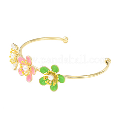 Offener Armreif mit Blume aus Legierung und Kunstperlenperlen für Damen&nbsp;LS-BJEW-D054-02G-03