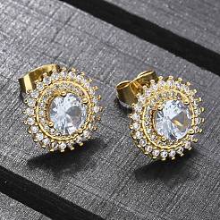 Orecchini a bottone in ottone con zirconi chiari e micro pavè&nbsp;EJEW-C139-01G