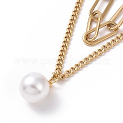 Placcatura sotto vuoto pvd acciaio inossidabile 304 doppie catene collane multistrato collana con ciondolo perla di plastica per donna&nbsp;STAS-E155-02G