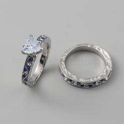 2pcs 2 anelli di barretta del cuore di zirconia cubica di stile&nbsp;RJEW-WH0016-02P-03