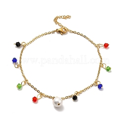 Fußkettchen mit bunten Glasperlen und Charms aus Edelstahl 304 mit Ankerketten für Damen&nbsp;AJEW-C021-14G
