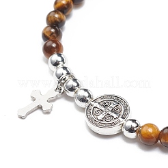 7 Stück 7 Stil natürliche gemischte Edelsteine & Legierung St. Benedikt Medaille Perlen Stretch Armbänder Set&nbsp;BJEW-JB08877