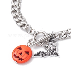 Ensemble de bracelets en acier inoxydable 304 avec breloque en alliage émaillé et citrouille turquoise synthétique teintée pour Halloween&nbsp;BJEW-JB12446-01