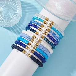 Set di 10 disco di argilla polimerica e braccialetti elasticizzati con perline di vetro e ottone&nbsp;BJEW-JB09676-01