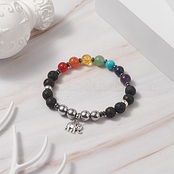 Pulseras elásticas con cuentas de hematita sintética y roca de lava natural y piedra preciosa con tema de chakra para mujer&nbsp;BJEW-JB09278-01