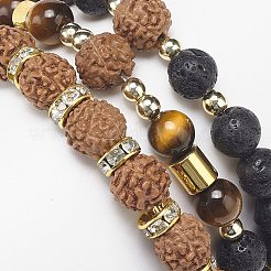 3 pièces 3 style naturel rudraksha & oeil de tigre & pierre de lave ensemble de bracelets extensibles perlés&nbsp;BJEW-JB09024