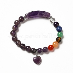 Braccialetto elasticizzato con perline di ametista naturale e pietre preziose miste con ciondolo a cuore per donna&nbsp;BJEW-K164-B24