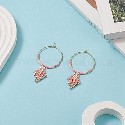 Orecchini a cerchio pendenti con rombi intrecciati con semi di vetro&nbsp;EJEW-MZ00046-01