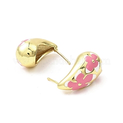 Tropfen mit Blume echte 18k vergoldete Messing Emaille Ohrstecker&nbsp;EJEW-L270-013G-04