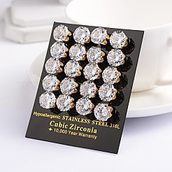 Orecchini a bottone in acciaio inossidabile 304 con zirconi cubici rotondi piatti&nbsp;EJEW-H306-35G-6mm