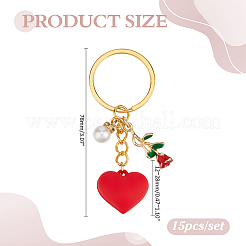 15 Stück Schlüsselanhänger aus Kunststoffherz und ABS-Kunststoffperle und Emaille-Rose aus Legierung&nbsp;KEYC-ME00018