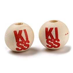 Bedruckte Holzperlen, Runde Perlen zum Valentinstag mit Wortkuss, ungefärbt, rauchig, 16 mm, Bohrung: 3~4.4 mm