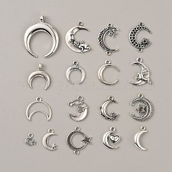 (vendita al dettaglio difettosa: ingiallimento) set di ciondoli in lega in stile tibetano, luna, argento antico, 9.5~33.5x8~27.5x1~2.5mm, Foro: 1.6~3.5 mm
