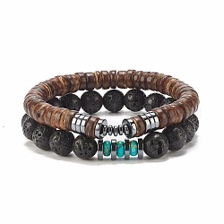 2pcs 2 bracelets extensibles en noix de coco naturelle et pierres précieuses, bijoux de yoga pour femmes, couleur mixte, diamètre intérieur: 2-1/4 pouce (5.6 cm), 1pc / style