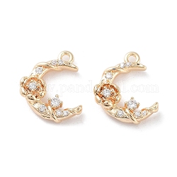 Brass Micro Pave Clear Cubic Zirconia Charms, Moon with Flower Charms, Real 18K Gold Plated, 13.5x12x3.5mm, Hole: 1.2mm