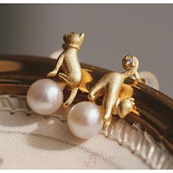 925 orecchini asimmetrici a forma di gatto in argento sterling, orecchini di perle naturali, oro, 13x6.5mm, 14.5x6.5mm, ago :0.8mm