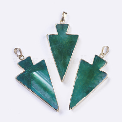 Electroplated Natural Agate Triangle Plated Big Pendants, with Golden Brass Finding, Dyed, Green, 53~67x23~29x4~7mm, Hole: 8x5mm
