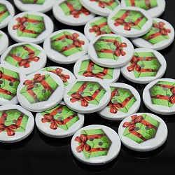 Holiday Buttons, 2-Hole Dyed Flat Round Printed Wooden Sewing Buttons for Christmas, Yellow Green, 15x4mm, Hole: 1.5mm