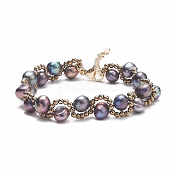 Bracelet tressé en perles naturelles et perles de verre, bijoux en fil de fer pour femme, grises , 6-7/8~7-3/8 pouce (17.6~18.8 cm)