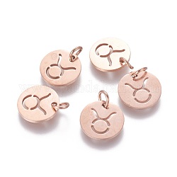 304 Stainless Steel Charms, Flat Round with Constellation/Zodiac Sign, Rose Gold, Taurus, 12x1mm, Hole: 3mm