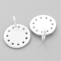 925 Sterling Silver Charms, Flat Round, Silver, 15x11x1mm, Hole: 3mm