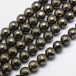 Natural Pyrite Beads Strands, Round, Faceted, 10mm, Hole: 1mm, about 40pcs/strand, 15.74 inch