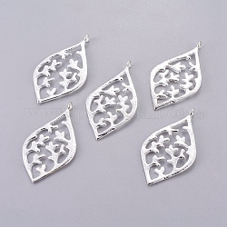Silver Brass Leaf Pendants, Lead Free & Nickel Free, Size: about 21mm wide, 41mm long, 1.5mm thick, hole: 2mm