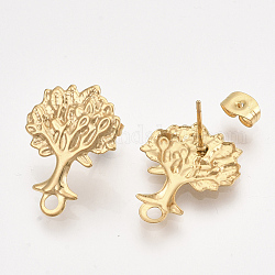 304 Stainless Steel Stud Earring Findings, with Loop and Ear Nuts/Earring Backs, Tree, Golden, 22x17mm, Hole: 2mm, Pin: 0.8mm