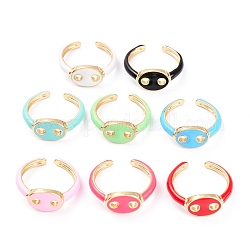 Brass Enamel Cuff Rings, Open Rings, Long-Lasting Plated, Oval, Real 18K Gold Plated, Mixed Color, US Size 6, Inner Diameter: 17mm