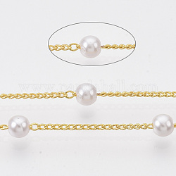 Catene di ottone fatto a mano, con perle tonde in plastica imitazione perla, saldato, con la bobina, bianco crema, oro, 2x1.2x0.4mm, circa 39.37 piedi (12 m)/rotolo