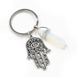 Porte-clés pendentif opalite, avec pendentifs en alliage et anneaux en fer, forme de balle avec main hamsa, 7.2 cm