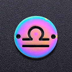 Ion Plating(IP) 201 Stainless Steel Links, Flat Round with Constellation/Zodiac Sign, Rainbow Color, Libra, 12x1mm, Hole: 1.2mm
