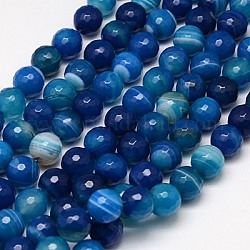 Natural Stripe Agate Beads Strands, Faceted, Dyed, Round, Marine Blue, 10mm, Hole: 1.2mm, about 38pcs/strand, 15 inch