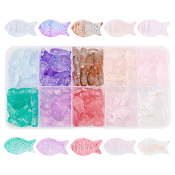 Pandahall Elite 150pcs 10 Farben transparent gespritzte Glasperlen, Fisch, Mischfarbe, 15x8x5 mm, Bohrung: 1 mm, 15 Stk. je Farbe