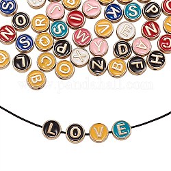 Alloy Enamel Beads, Flat Round with Letter A-Z, Light Gold, Mixed Color, 8x3.5mm, Hole: 1.4mm, 50pcs/box
