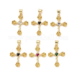 Cross with Flower Brass Micro Pave Cubic Zirconia Pendants, Cadmium Free & Nickel Free & Lead Free, Real 18K Gold Plated, Mixed Color, 25.5x18.5x3mm, Hole: 3.5x5mm