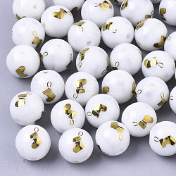 Perles de verre opaque de Noël, rond avec motif de chaussette de noël galvanoplastie, plaqué or, 10mm, Trou: 1.2mm