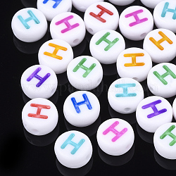 Initial Acrylic Beads, Horizontal Hole, Flat Round, Mixed Color, Letter.H, 7x3.5~4mm, Hole: 1.2mm, about 3700pcs/500g